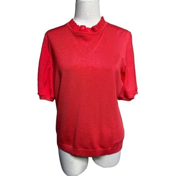 Adrianna Papell NWT Red Hibiscus Pleated Short Sleeve Sweater Large - Picture 1 of 5